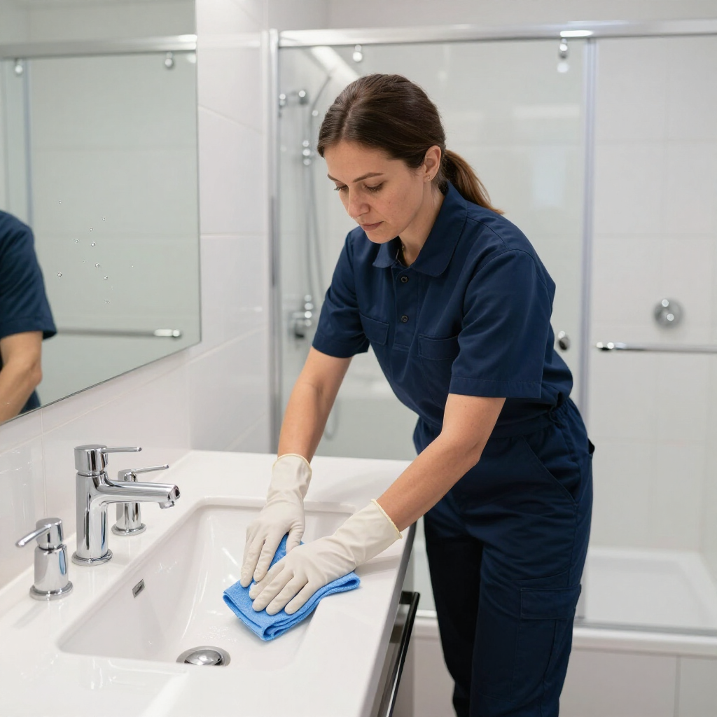 Person cleaning a bathroom sink with a blue cloth and spray bottle in a bright restroom