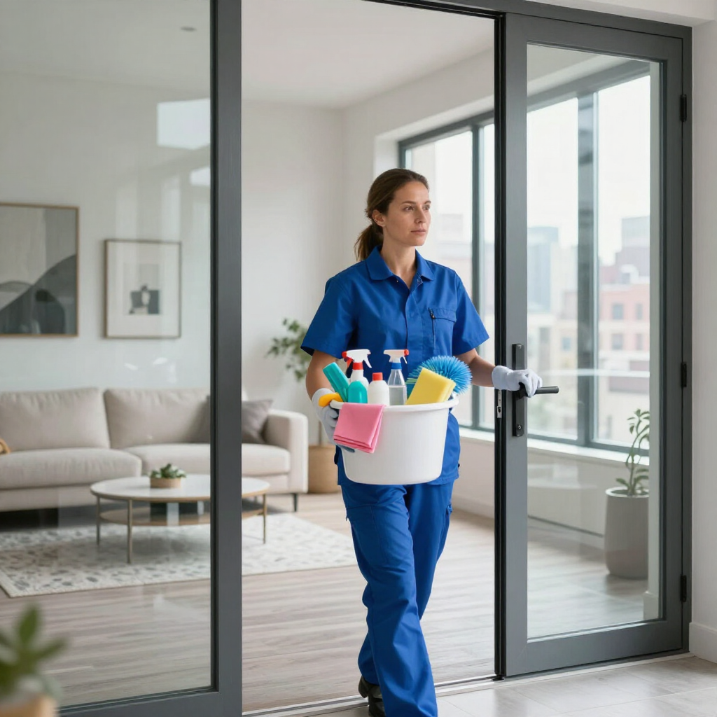 Cleaner in blue uniform carrying cleaning supplies through a modern apartment doorway