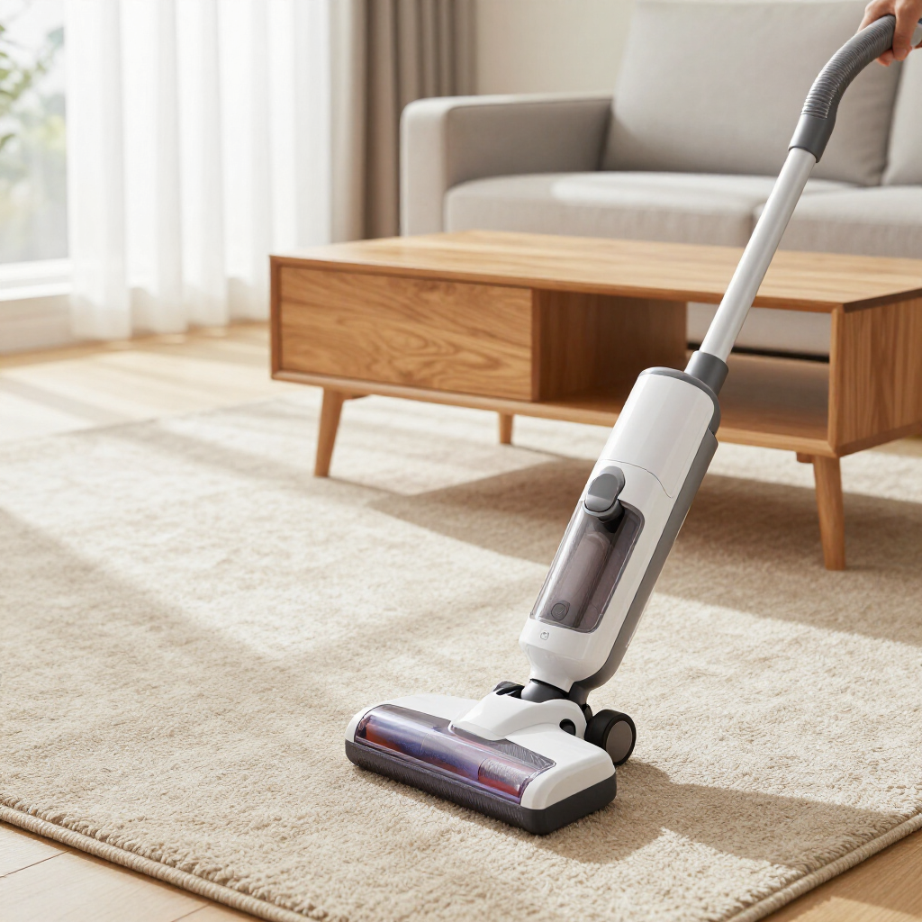 Cordless vacuum cleaning a beige carpet in a bright living room with a wooden coffee table.