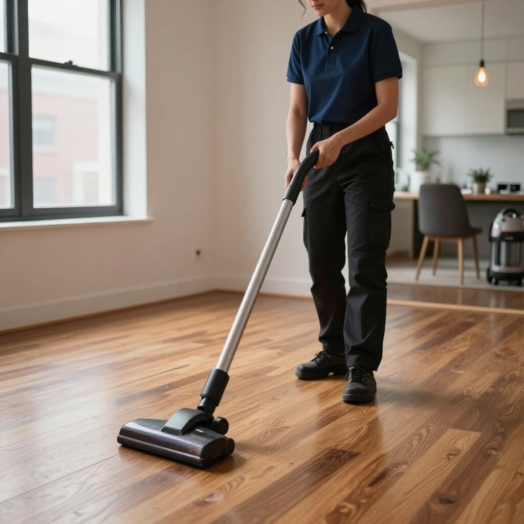 Person vacuuming a hardwood floor in a bright living room