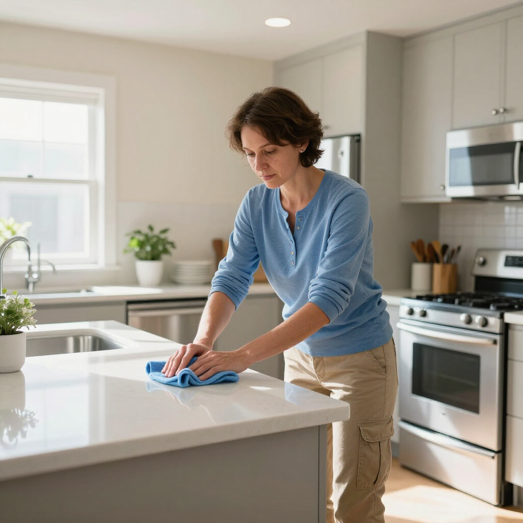Person wiping a white kitchen counter with a blue cloth in a bright modern kitchen
