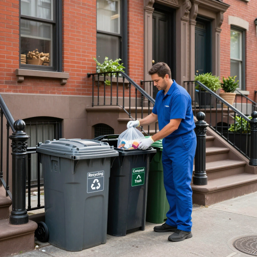 Worker in blue uniform sorting trash at curbside bins outside a brick building
