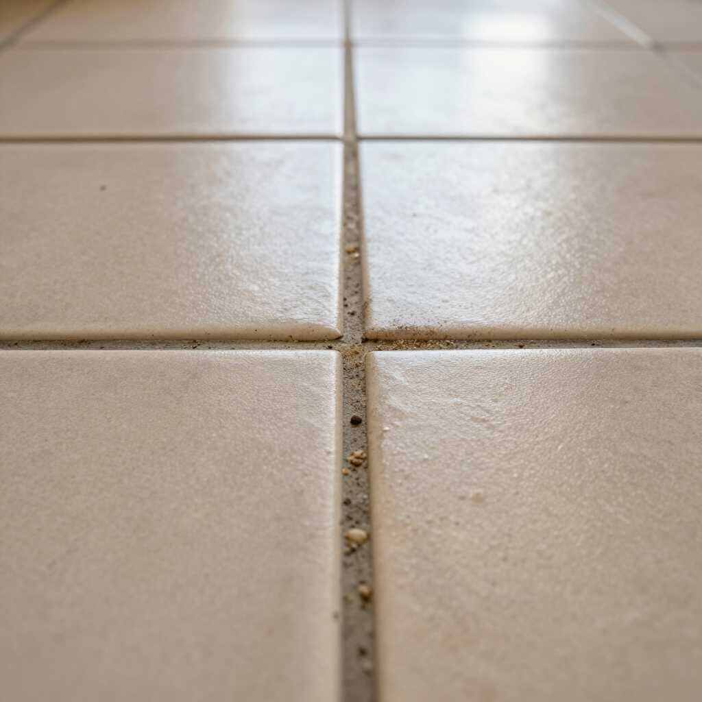 Close-up of beige tiled floor with a narrow grout crack and debris between tiles