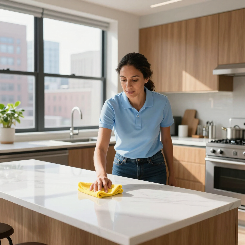 Woman wiping a white kitchen island with a yellow cloth in a bright modern kitchen