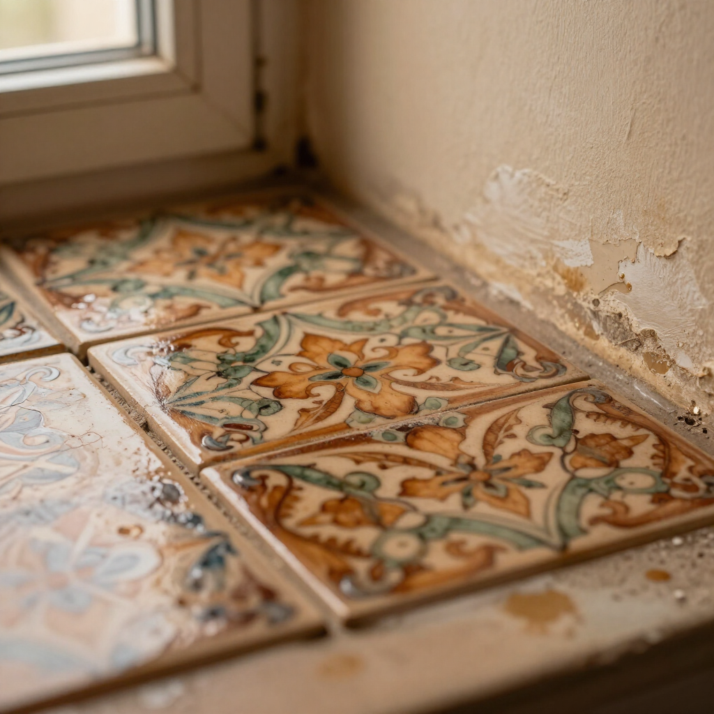 Decorative tiled windowsill with chipped plaster and peeling paint along the wall