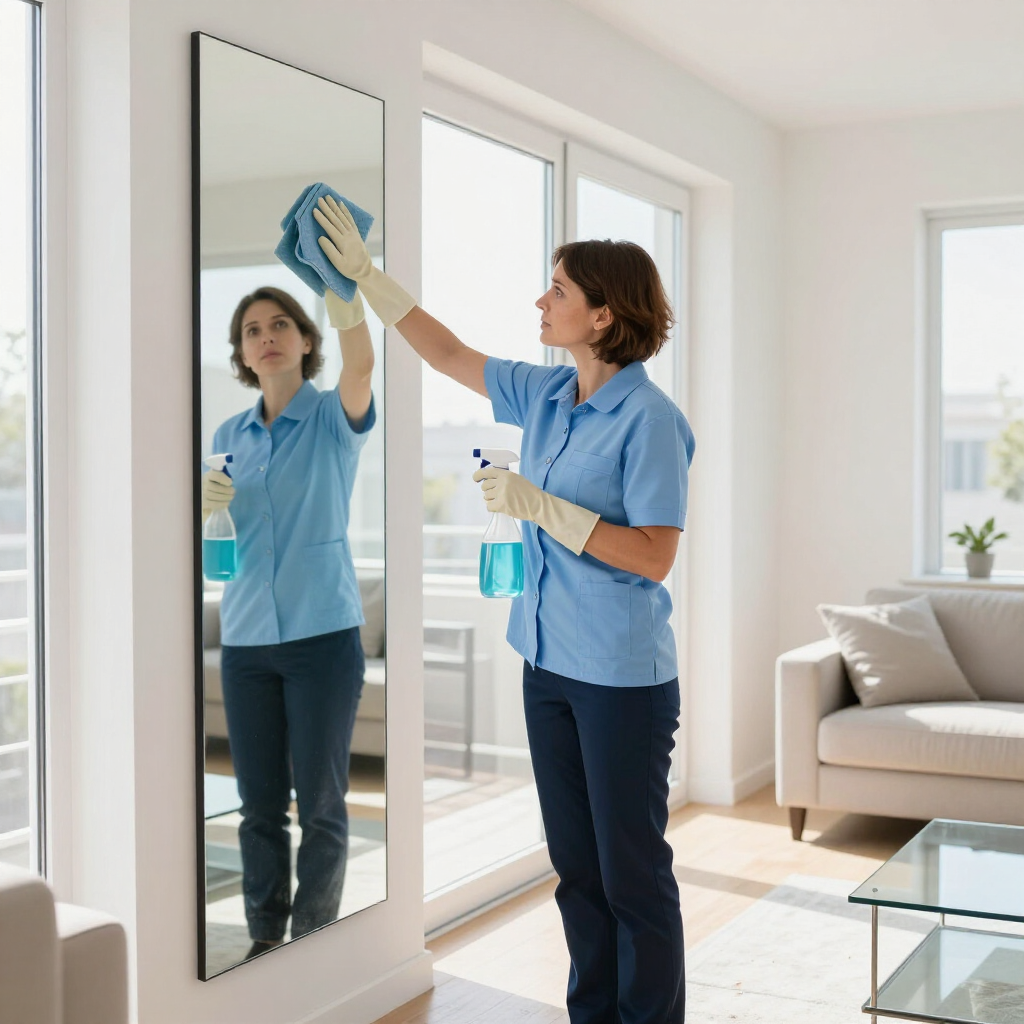 Woman cleaning a mirror in a bright living room, spraying and wiping it with a cloth