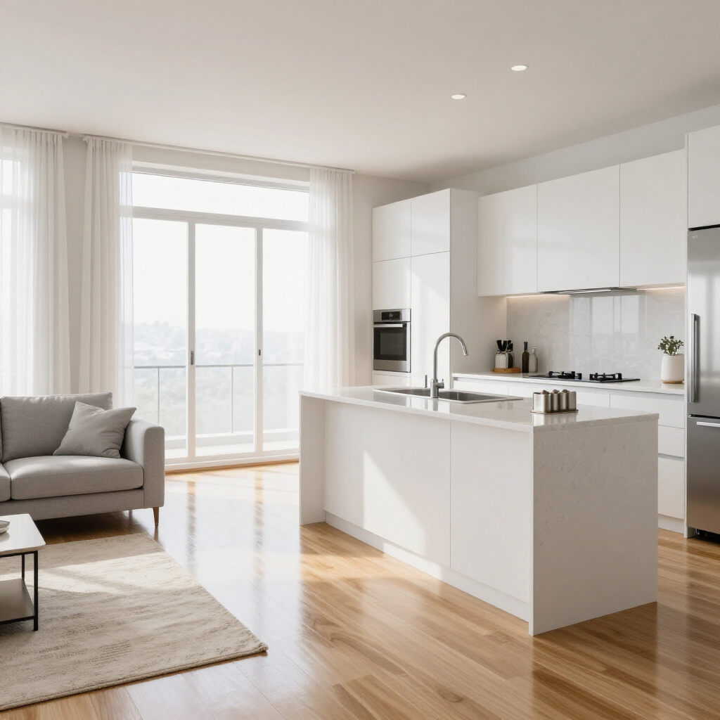 Bright, modern kitchen and living room with white cabinets, gray sofa, and sunlight through large windows.