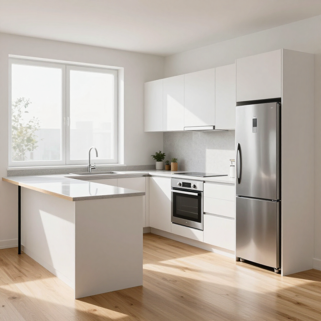 Bright modern kitchen with white cabinets, stainless steel appliances, a central island, and a large window