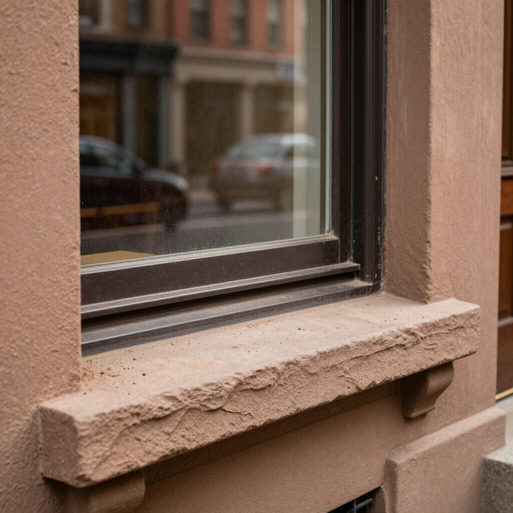 Close-up of a tan stucco window ledge with a reflective glass window in an urban building.