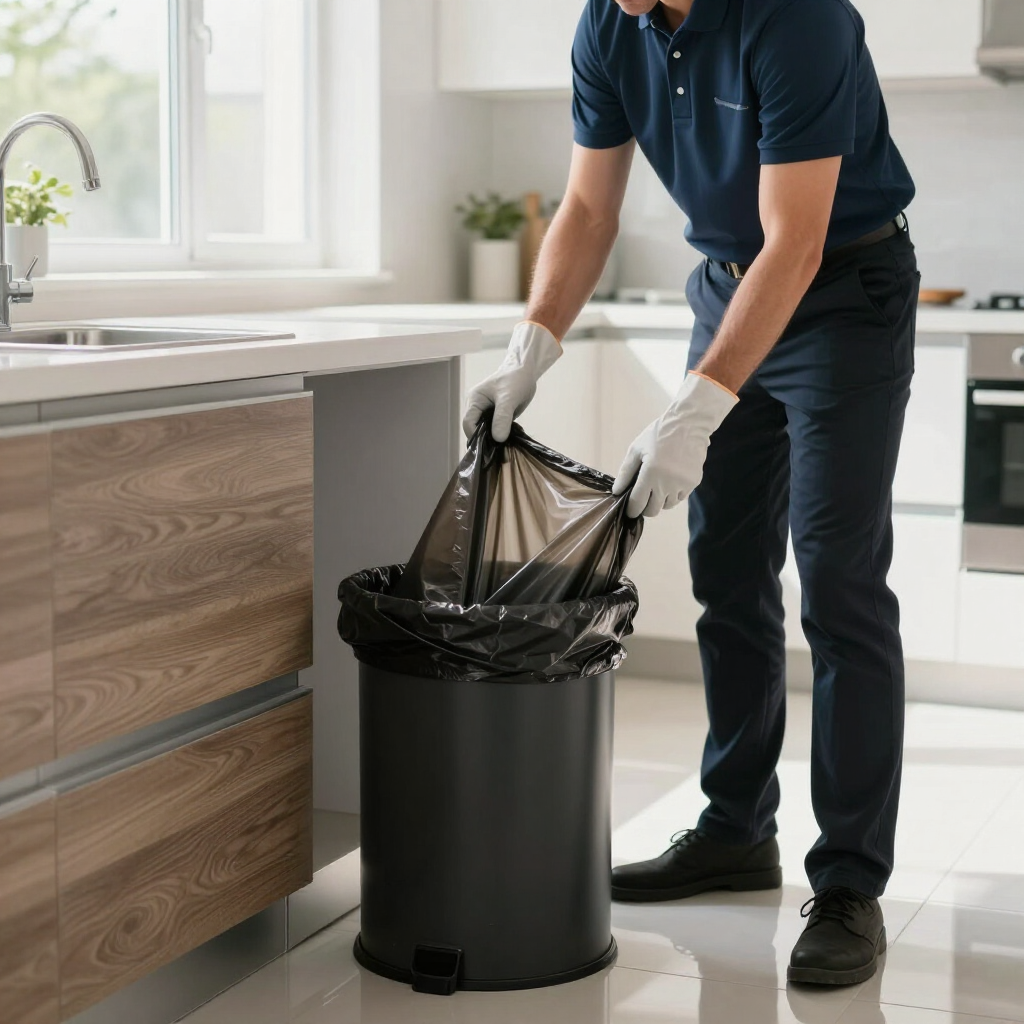 Person tying a black trash bag into a kitchen trash can beside a countertop