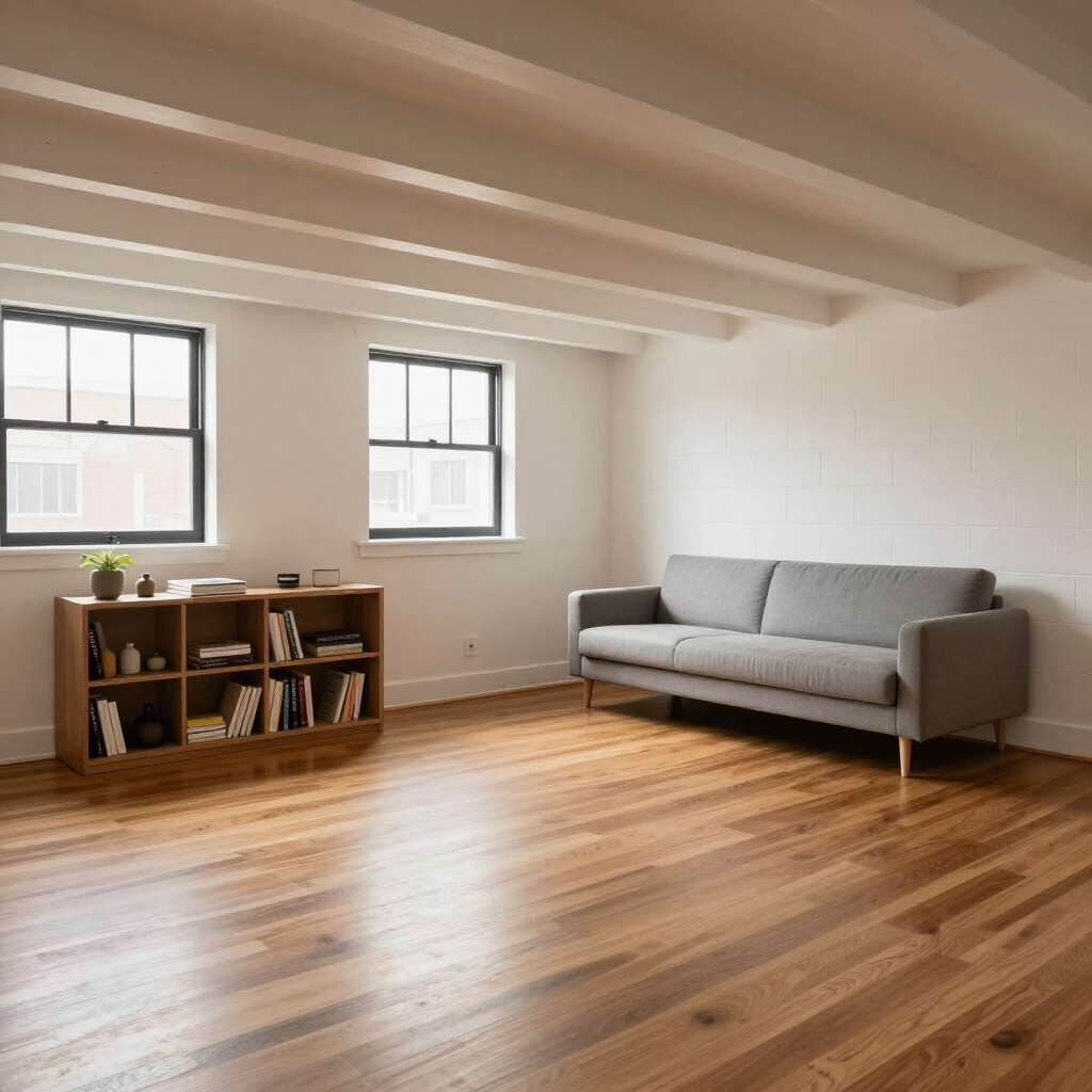 Bright living room with wood floors, exposed beams, gray sofa, bookshelf, and two windows.