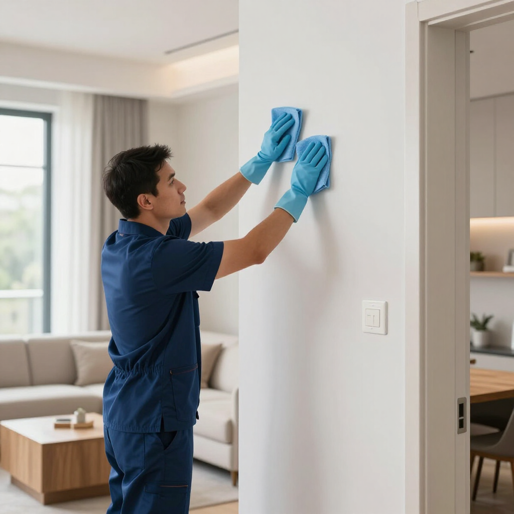 Worker in blue uniform cleaning a wall with blue cloths in a bright living room