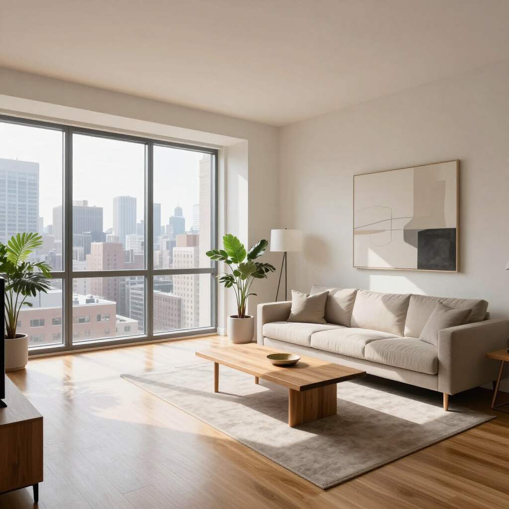 Bright modern living room with a gray sofa, wooden coffee table, rug, plants, and city view through large windows