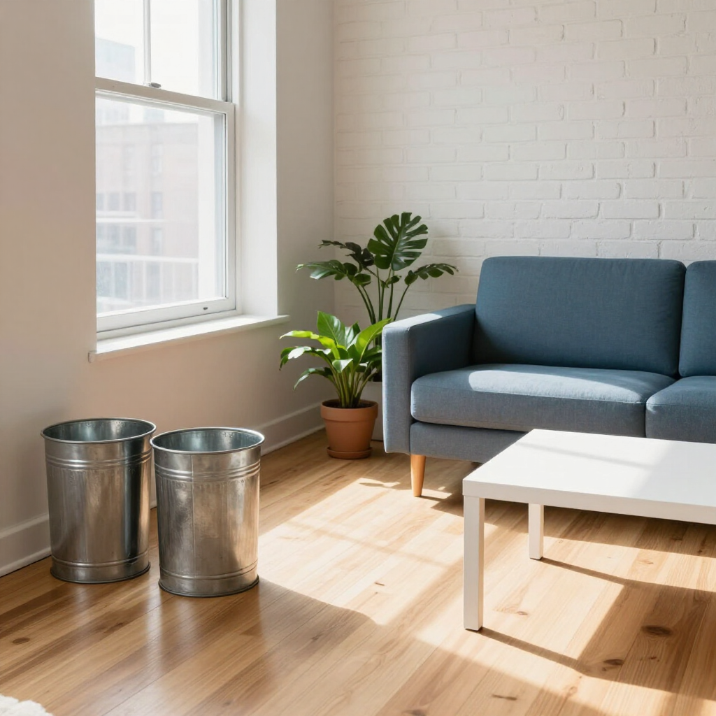 Bright living room with a blue sofa, white coffee table, potted plant, and two metal trash cans by a window
