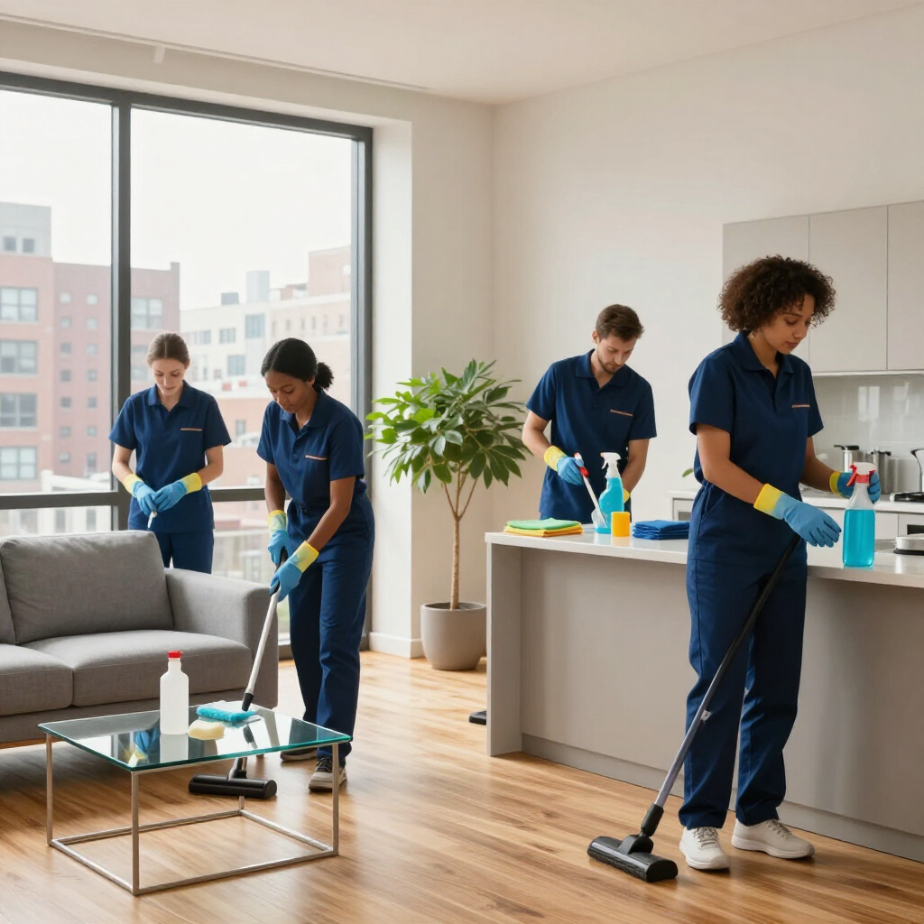 Cleaning crew mopping and dusting a bright modern living room with gray sofa and large windows