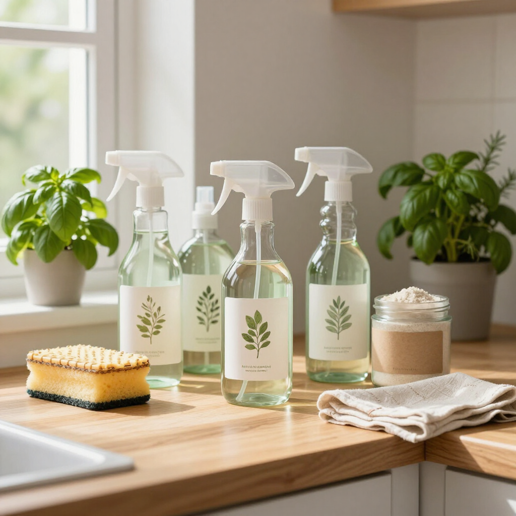 Cleaning spray bottles on a sunlit kitchen counter with sponges, cloths, and plants nearby