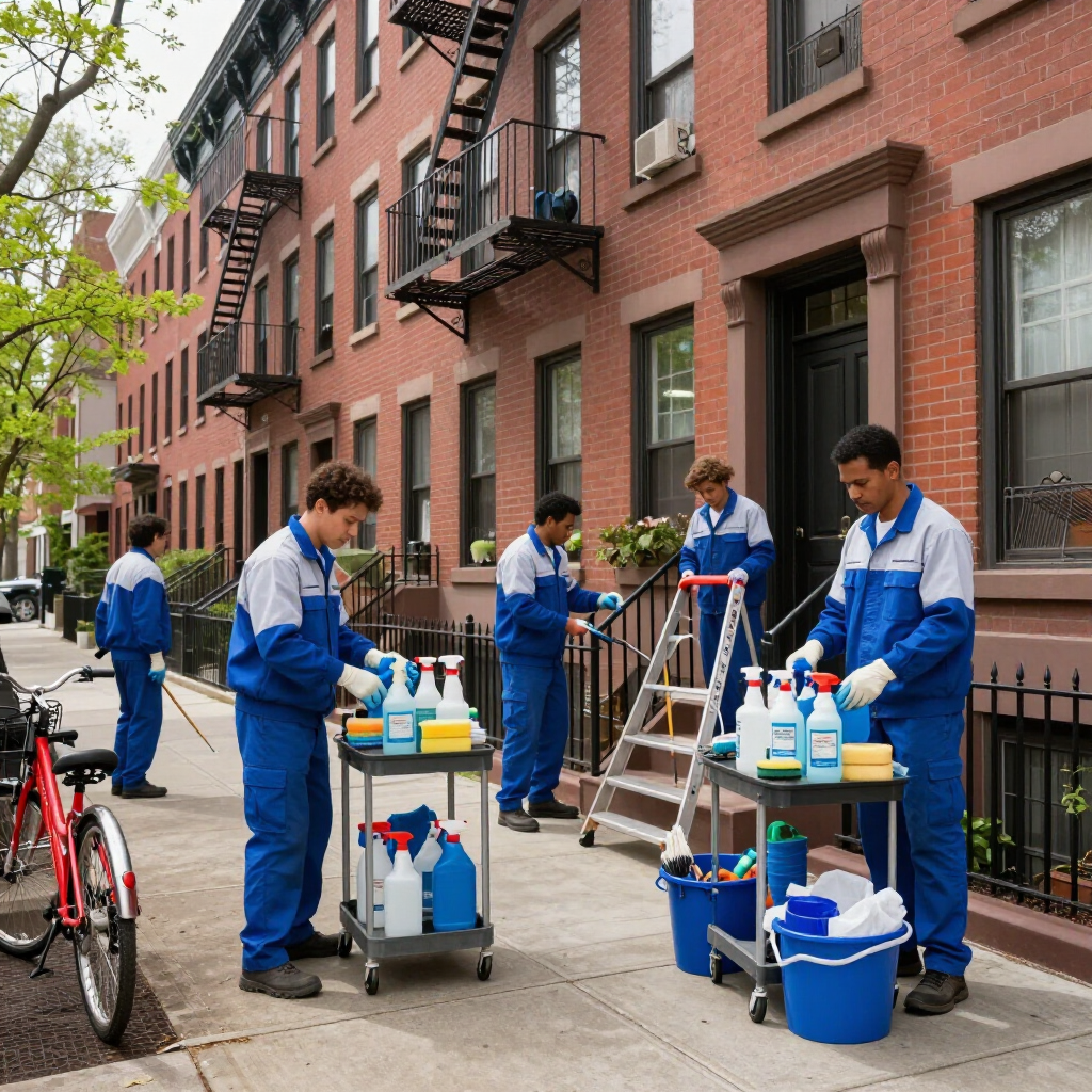 Workers in blue uniforms cleaning a brick apartment sidewalk with carts, buckets, and spray bottles