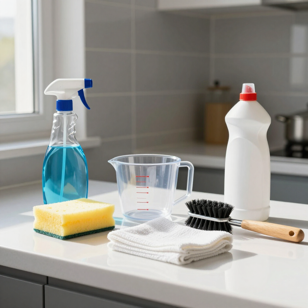 Cleaning supplies and tools on a kitchen counter: spray bottle, sponge, measuring cup, cloth, brush, and detergent.