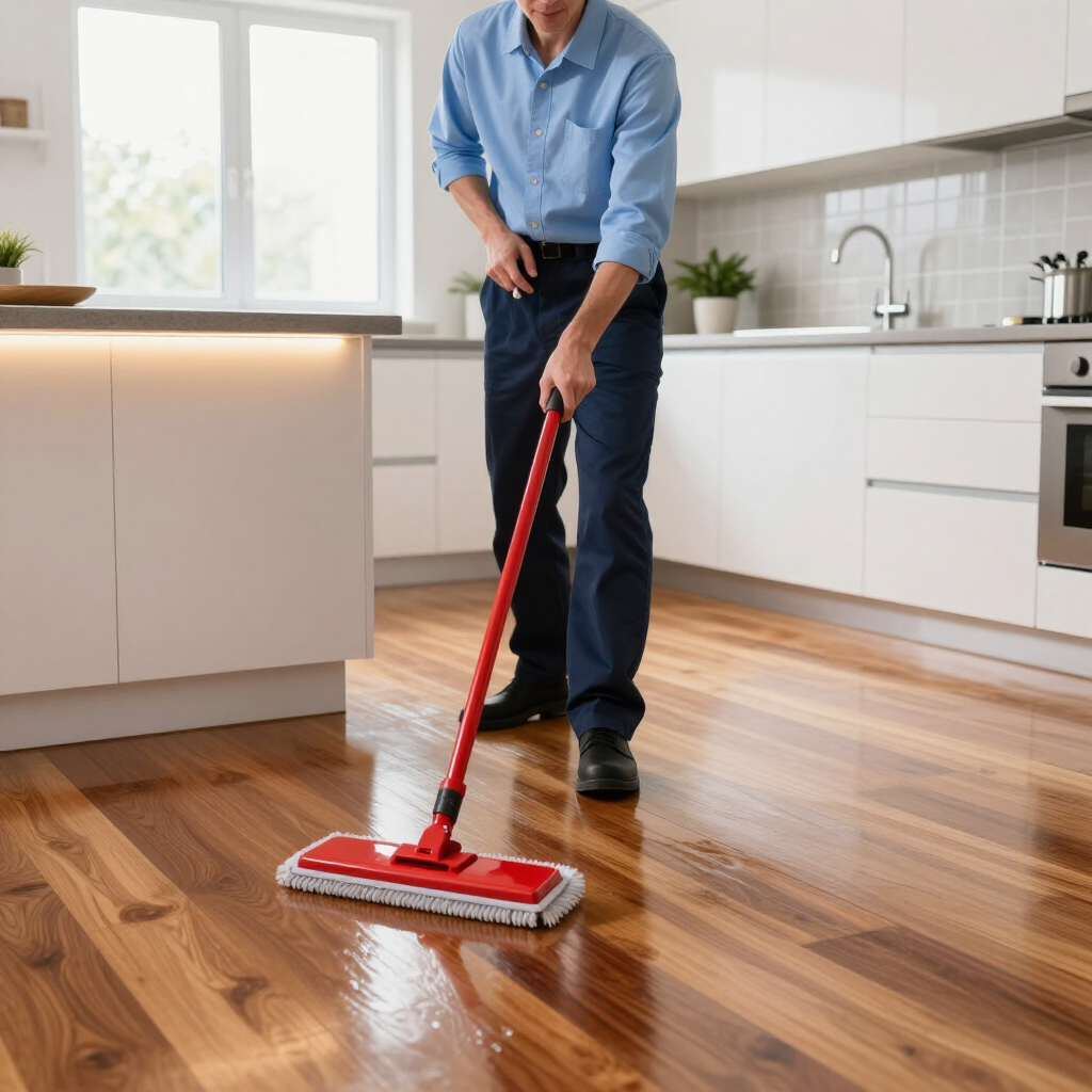 Person mopping a shiny kitchen floor with a red mop.