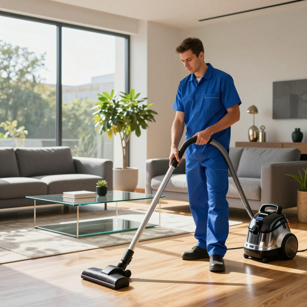 Man vacuuming a modern living room with a canister vacuum and hardwood floors