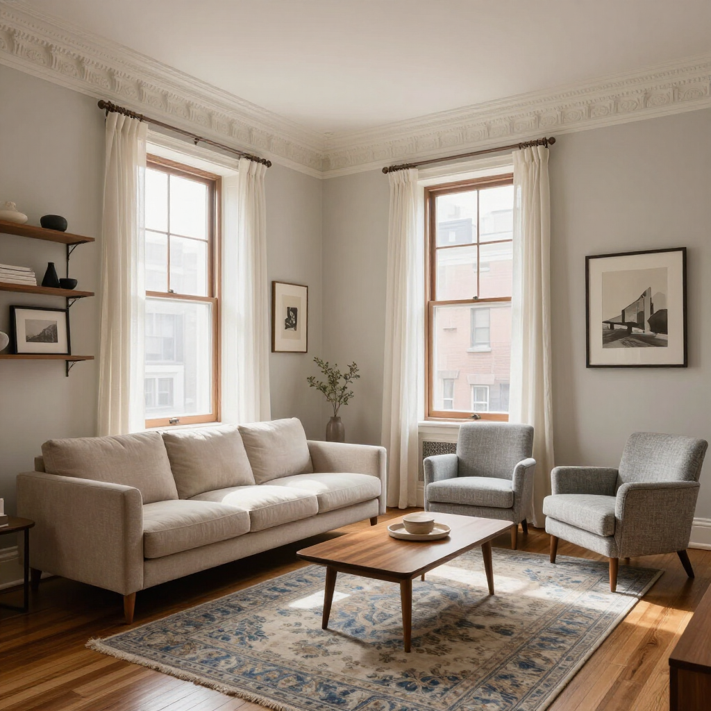 Bright living room with a beige sofa, two gray chairs, wooden coffee table, and large windows on a patterned rug