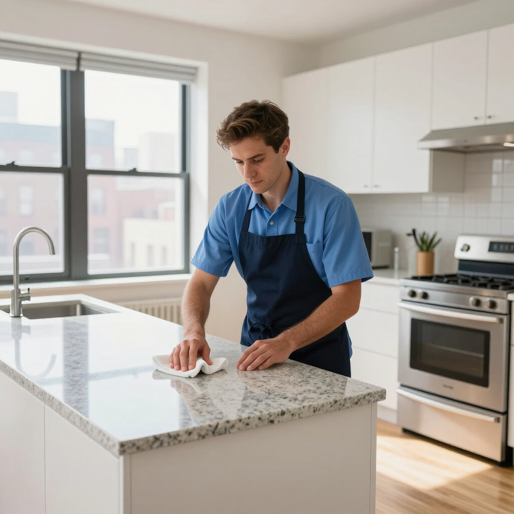Person cleaning a kitchen countertop with a cloth beside a stove and large window