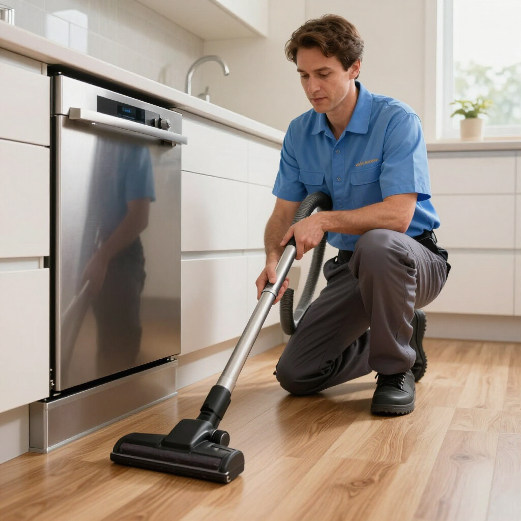 Man vacuuming a kitchen floor beside white cabinets and a stainless-steel dishwasher