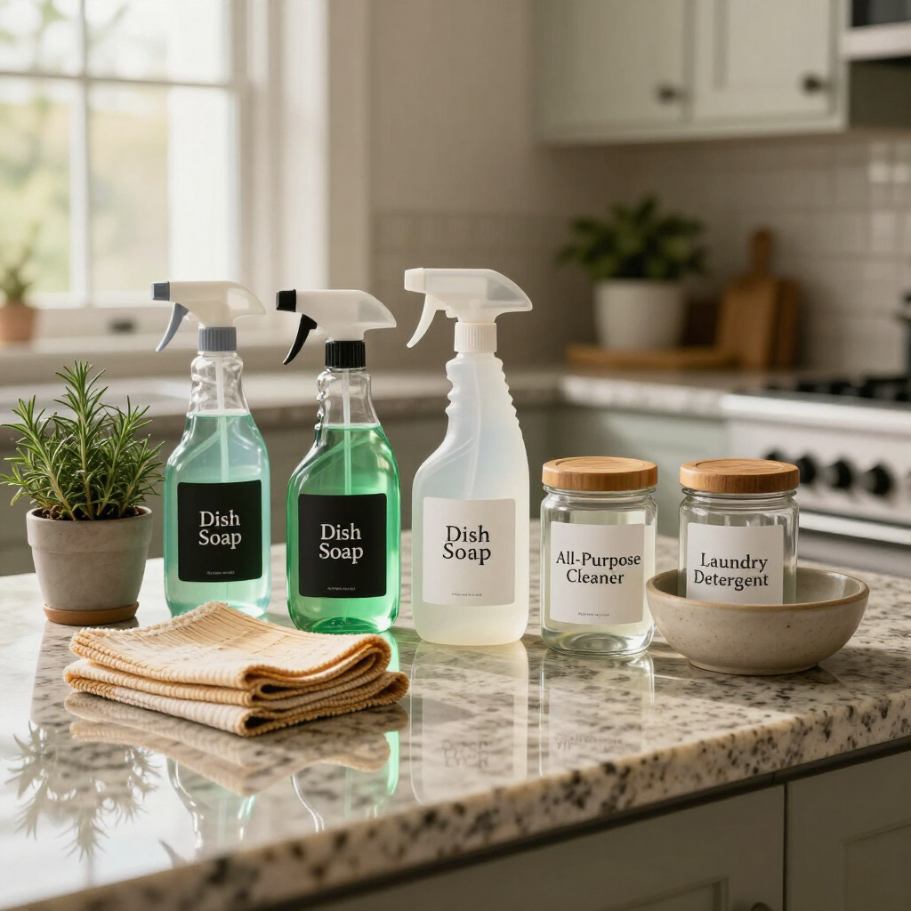 Assorted kitchen cleaning sprays and cloths on a granite countertop with potted herbs and jars in the background