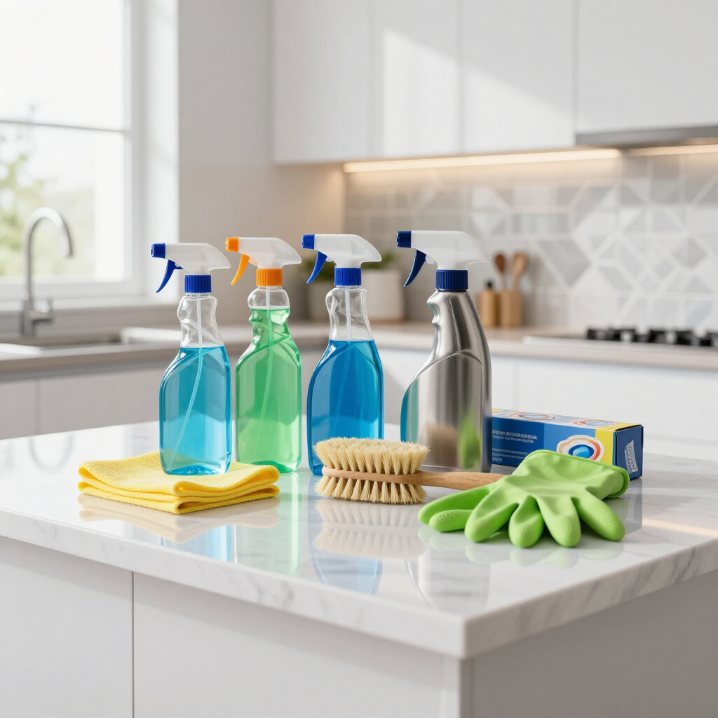 Cleaning supplies on a kitchen counter: spray bottles, cloths, brushes, gloves, and soap near a sink.