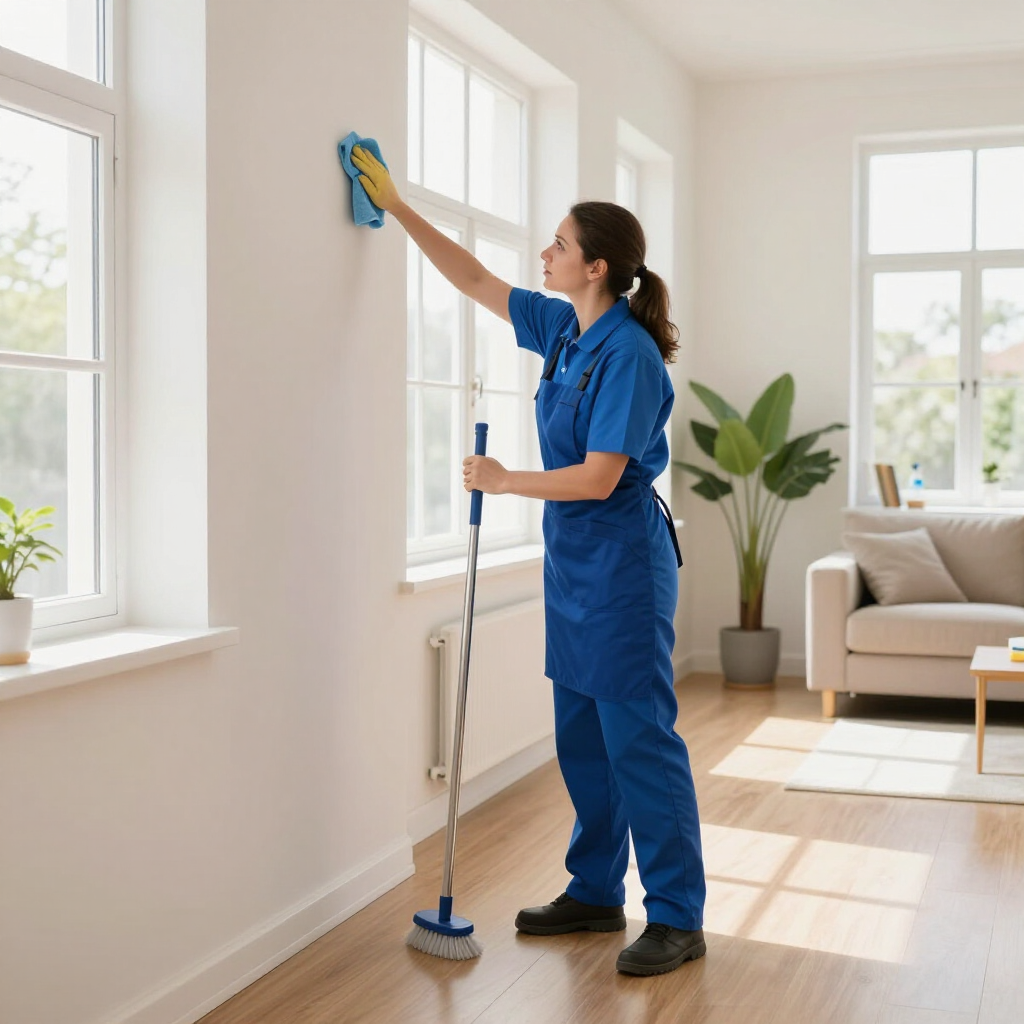 Cleaner wiping a tall window in a bright living room with a mop beside her