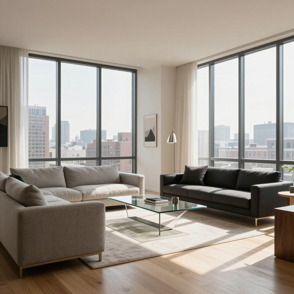 Bright modern living room with large corner windows, beige and black sofas, glass coffee table, and city view