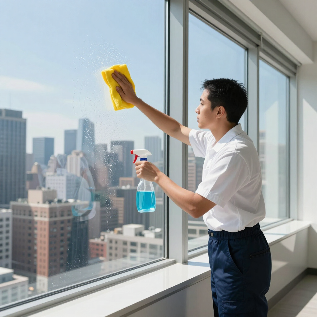Person cleaning a window with spray and cloth, overlooking a city skyline.