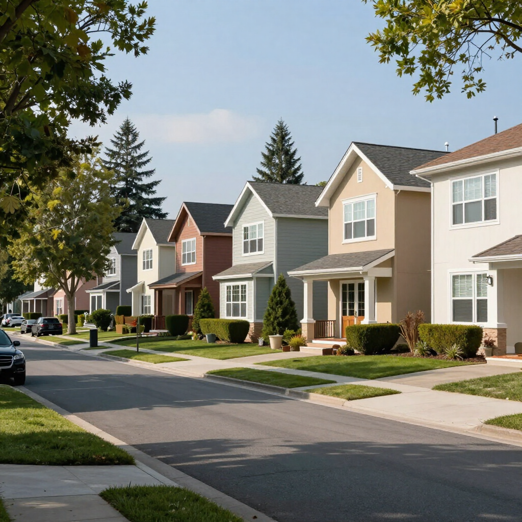 Suburban street with row of modern houses, trees, and parked cars on a sunny day