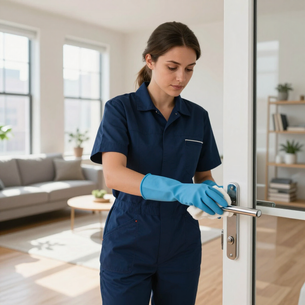 Cleaner in navy uniform and blue gloves disinfecting a doorknob in a bright living room