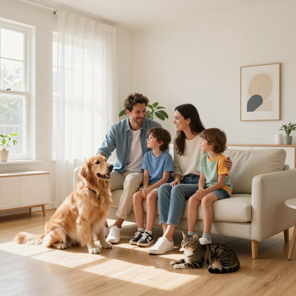 Family and pets relaxing on a sofa in a bright living room with a golden retriever and cat nearby