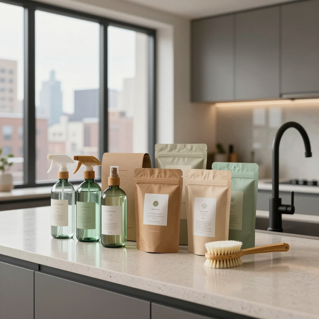 Bath products on a kitchen counter by a bright window, with soap bottles, refill pouches, and a brush