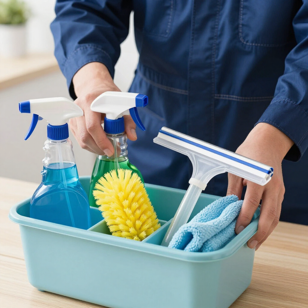 Cleaning supplies in a blue caddy: spray bottles, squeegee, sponge, and blue cloths on a table.