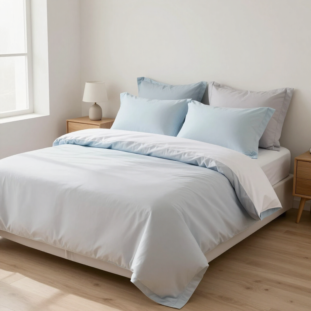 Light blue bedding on a neatly made bed in a bright minimalist bedroom