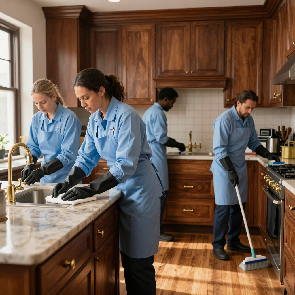 People cleaning a kitchen with mops, gloves, and spray bottles in a bright home.