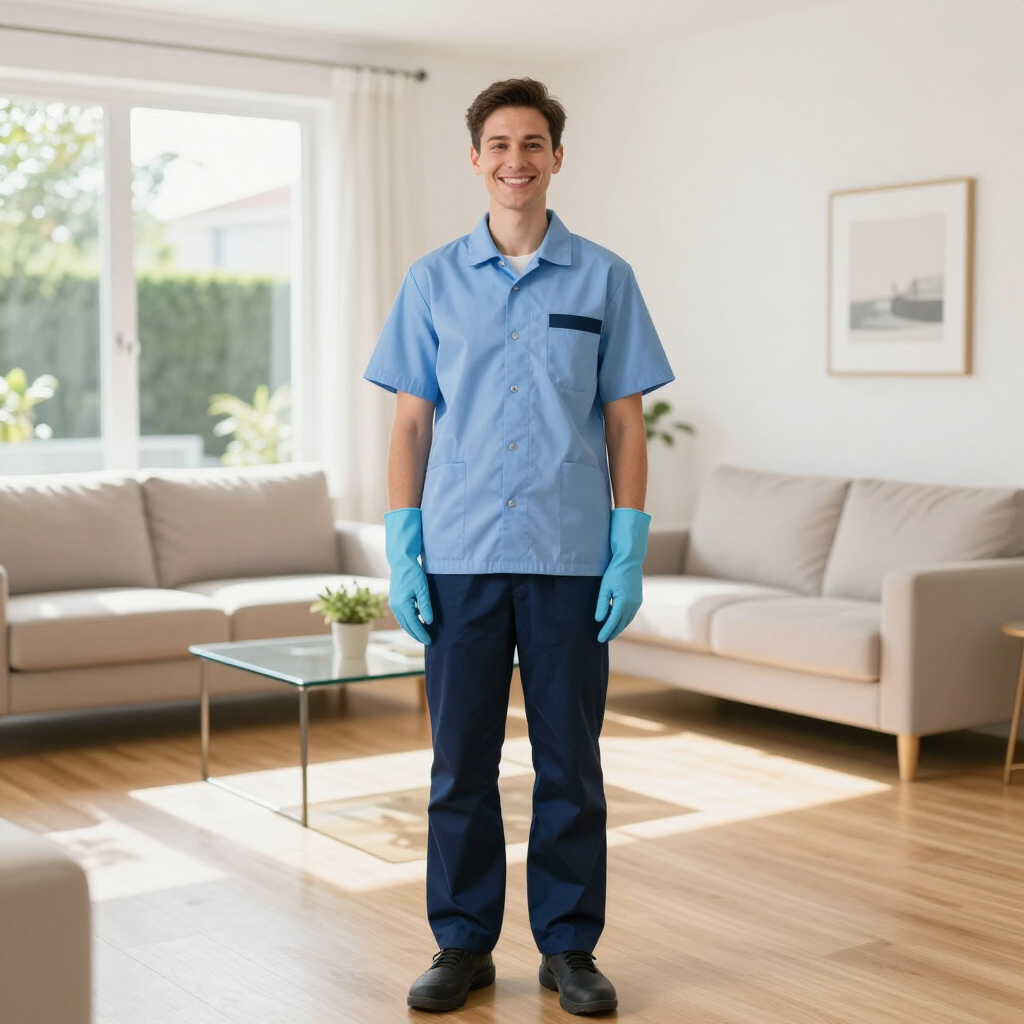 A smiling worker in blue uniform and gloves stands in a bright living room.
