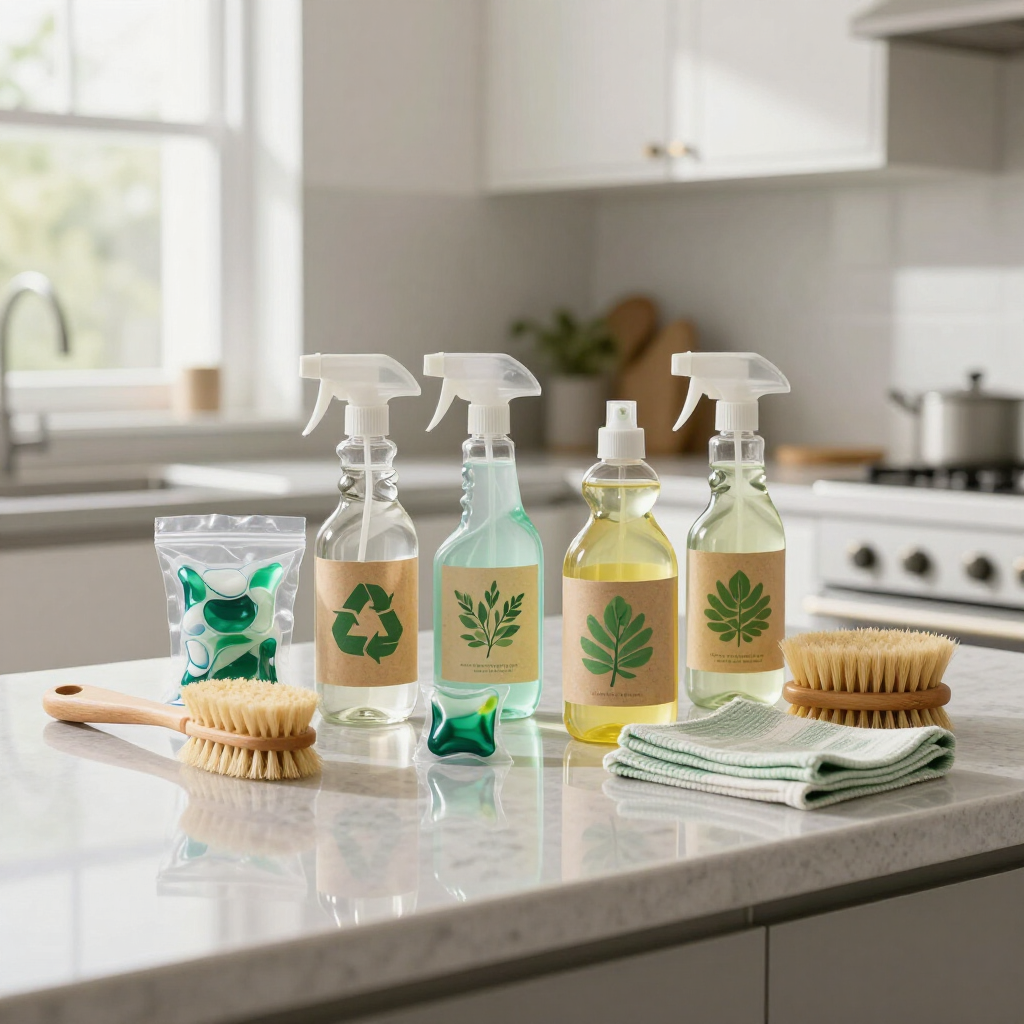 Cleaning supplies and cloths arranged on a kitchen counter with a sink and stove in the background