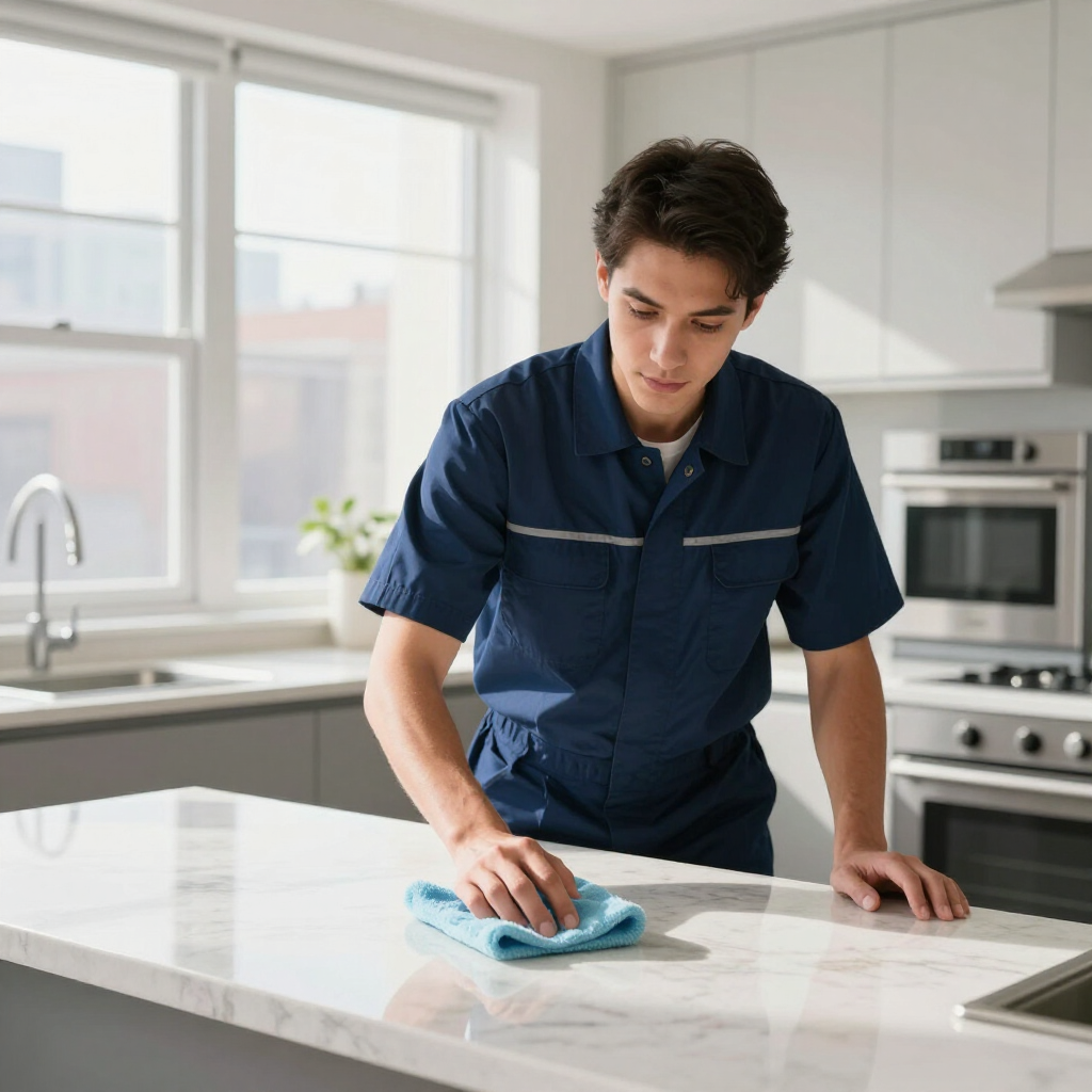 Person wiping a white kitchen countertop with a blue cloth in a bright modern kitchen