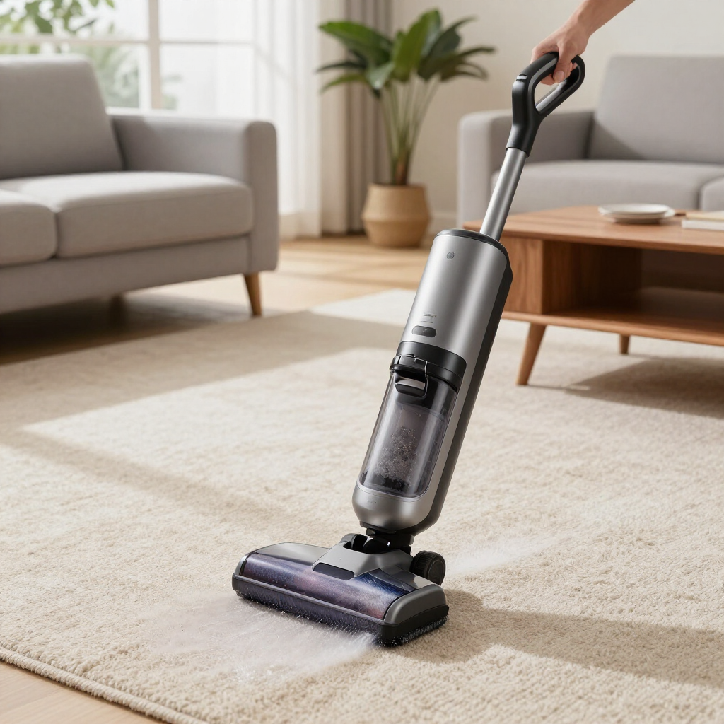 Cordless stick vacuum cleaning a beige carpet in a bright living room