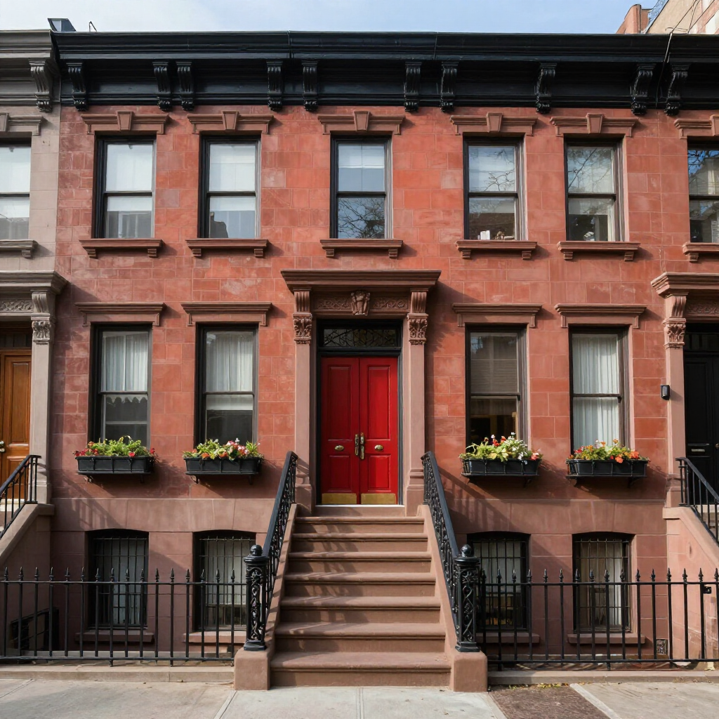 Red brick townhouse with red door, stoop, black railings, and flower boxes along the windows.