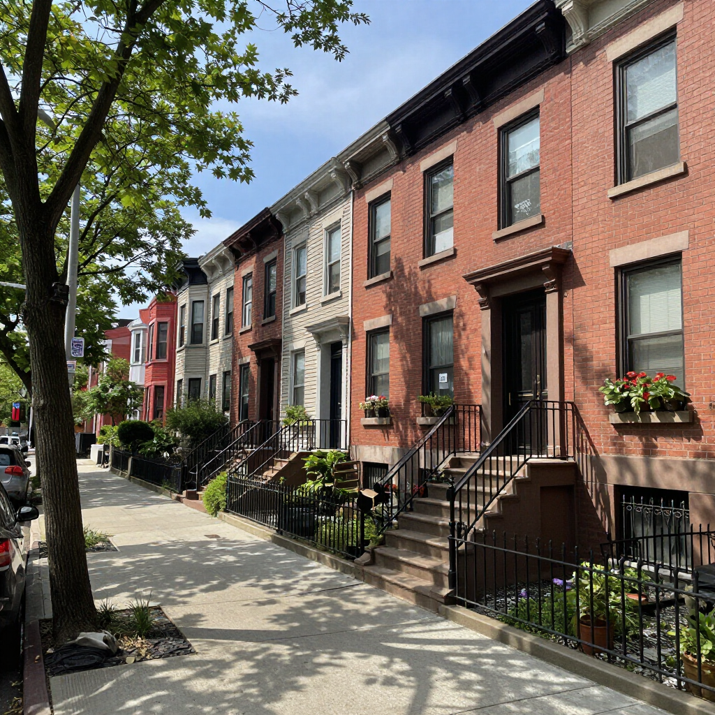 Tree-lined sidewalk beside row of brick townhouses with front stoops and potted flowers.