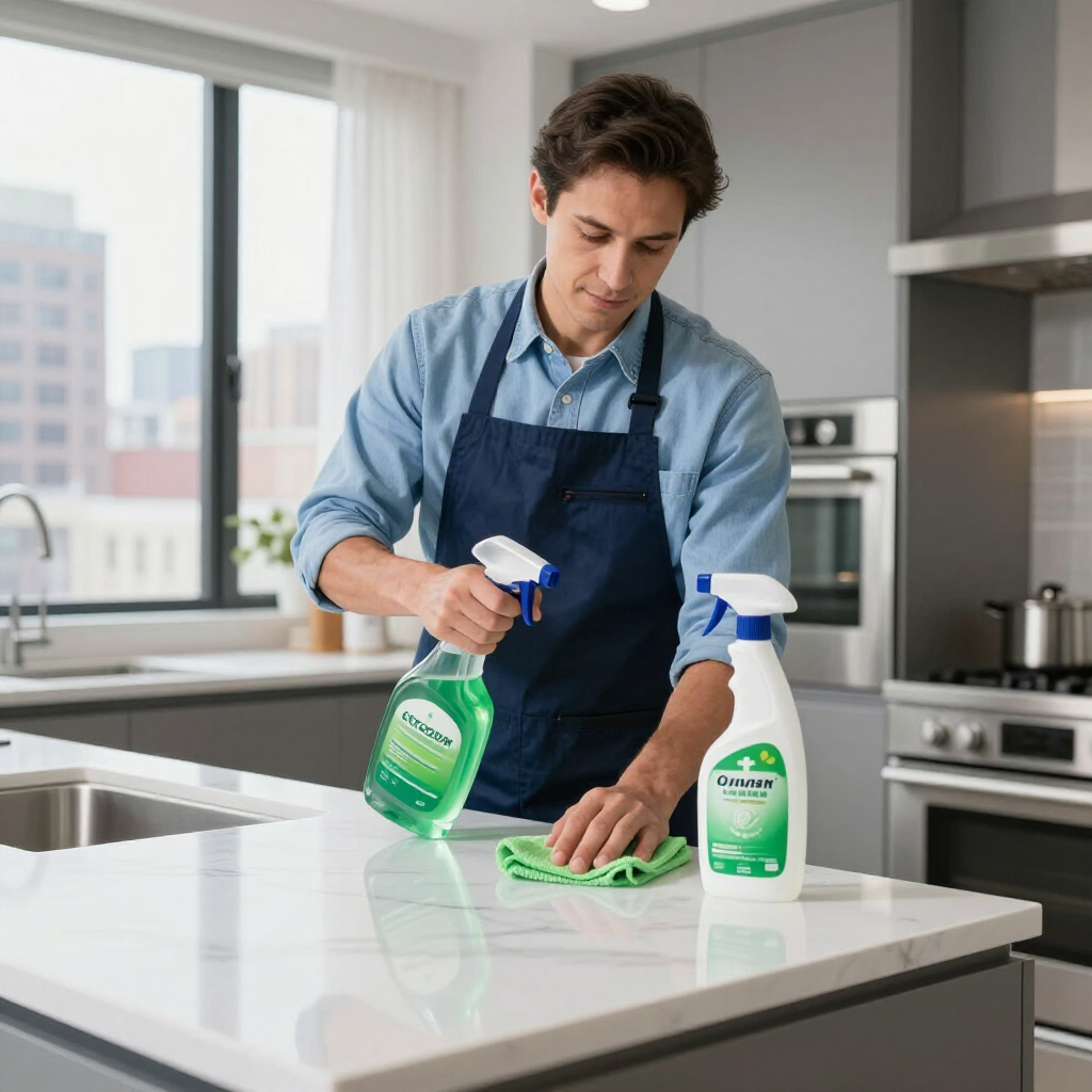 Man cleaning a kitchen countertop with green cleaning spray and cloth near a sink and stove.