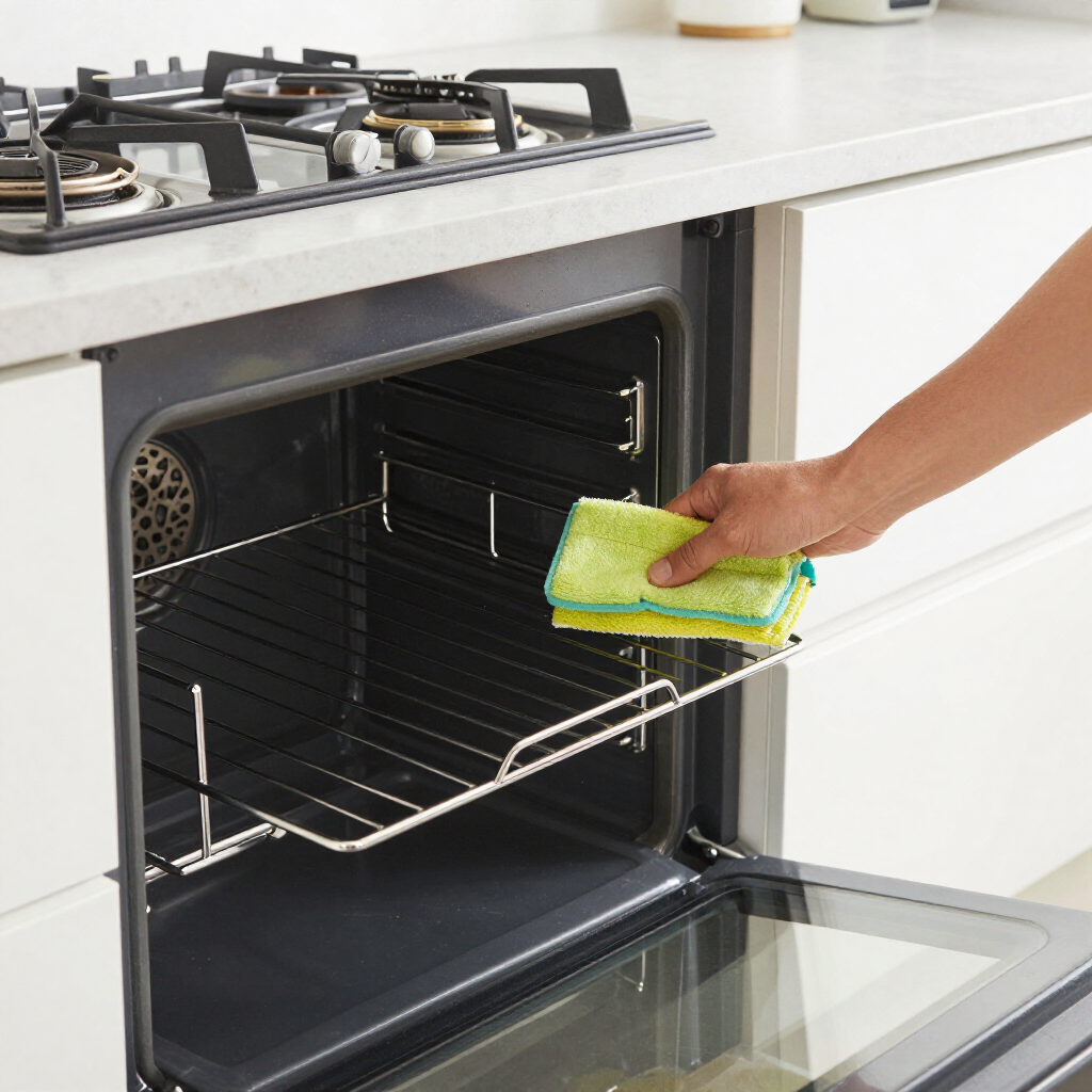 Hand wiping the open oven rack with a green sponge in a modern kitchen