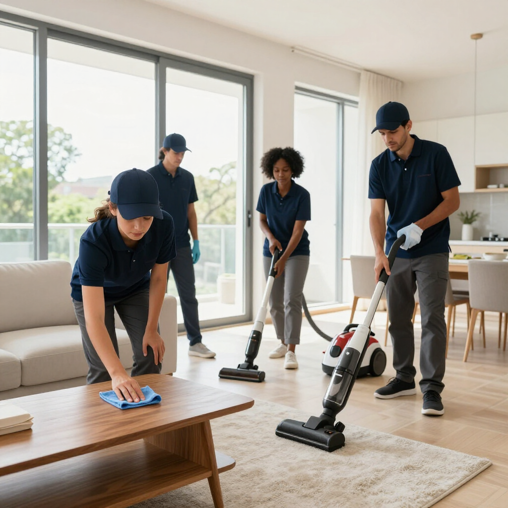 Team vacuuming and wiping a bright living room with large windows and a rug.