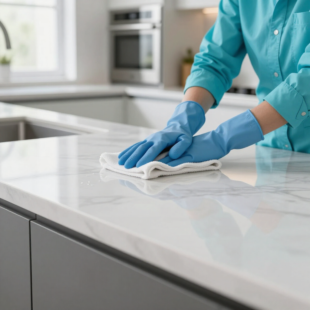 Person in blue gloves wiping a white kitchen countertop with a cloth