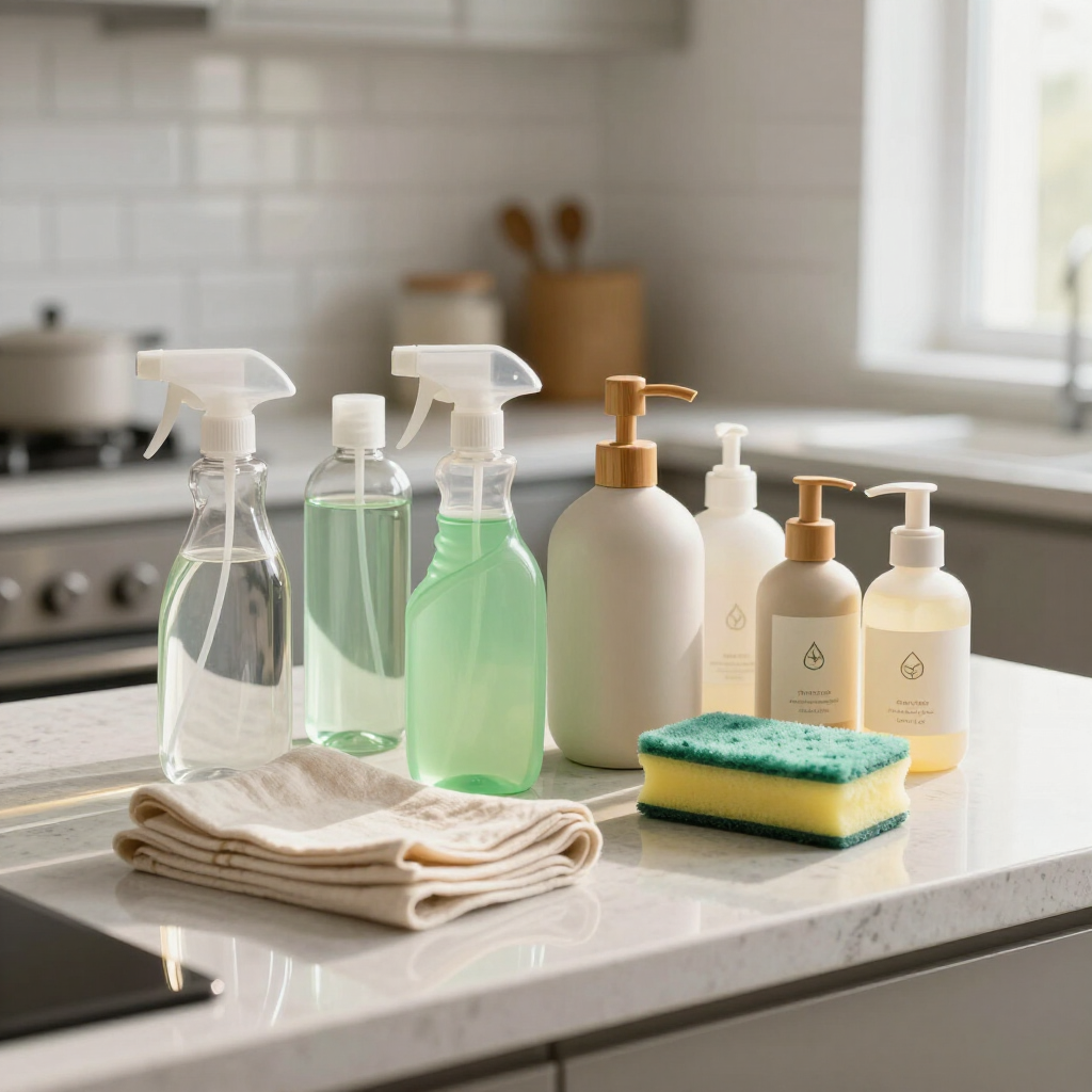 Cleaning supplies and folded cloths on a kitchen counter beside a sponge and sink